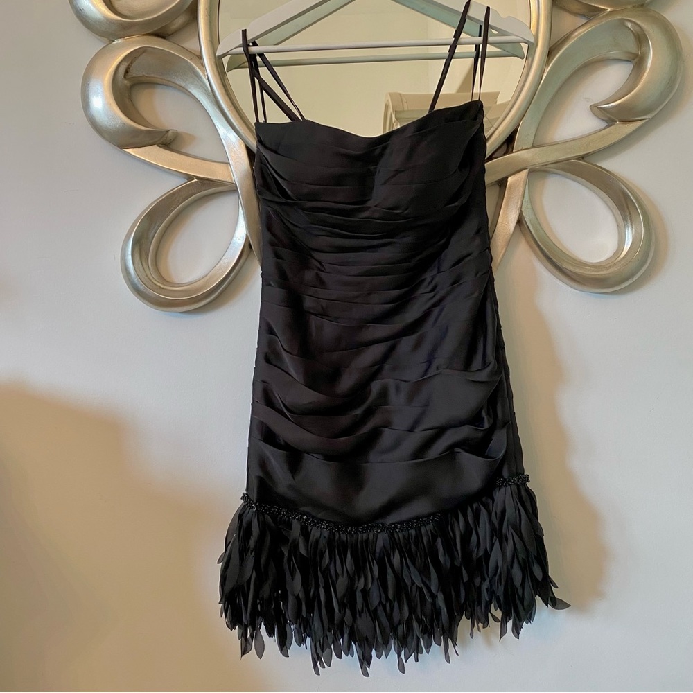 JS Collections Black Fringe Beaded Satin Sleeveless Cocktail Mini Dress | Size 2